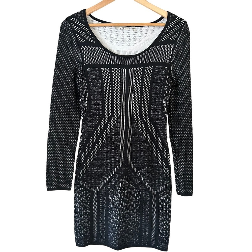 Black And White Jacquard Women's Body Con Dex Long Sleeve Dress Size Small - Picture 2 of 14